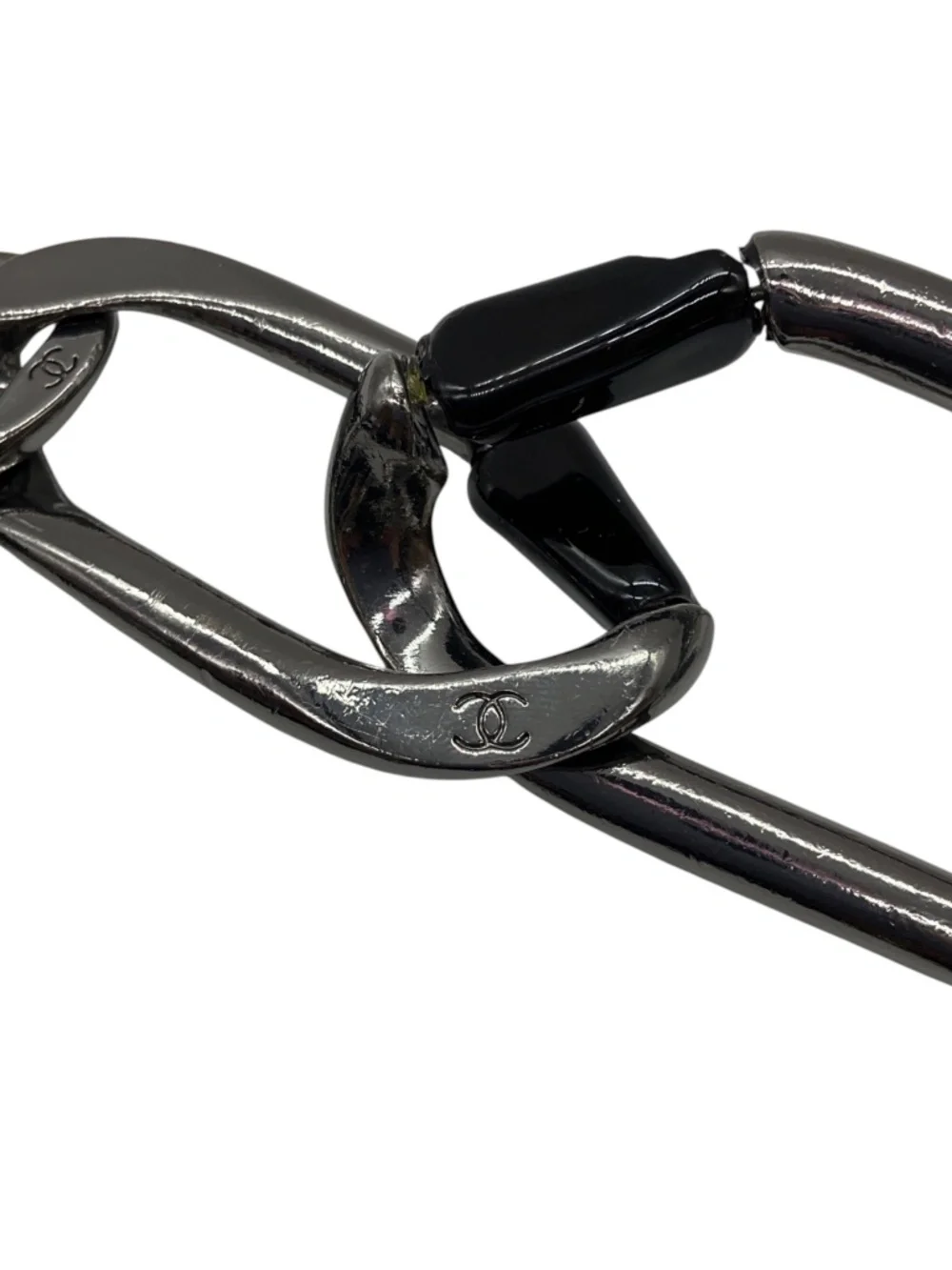 CHANEL GUNMETAL / BLACK 2003 LARGE BEAD AND CC LOGO PENDANT CHAIN BELT